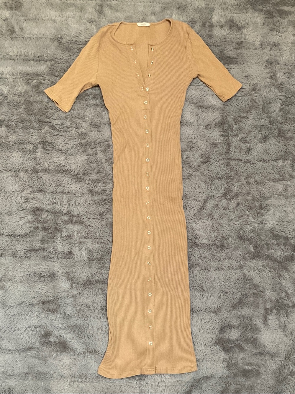 San Joy Camel Ribbed Button-Front Midi Dress